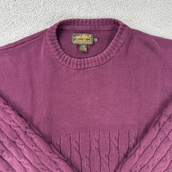 VTG 90s Eddie Bauer Cable Knit Cotton Sweater Men XL Plum Grandpa Heavyweight - Picture 8 of 16
